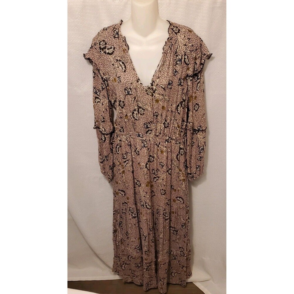 Anthropologie Dolan Tiered Ruffled Floral Maxi Dress Sz Large Long Sleeve Boho